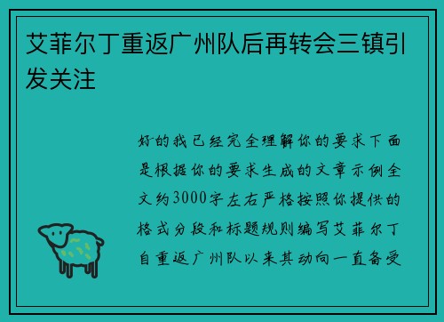 艾菲尔丁重返广州队后再转会三镇引发关注