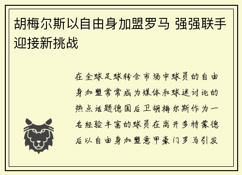 胡梅尔斯以自由身加盟罗马 强强联手迎接新挑战